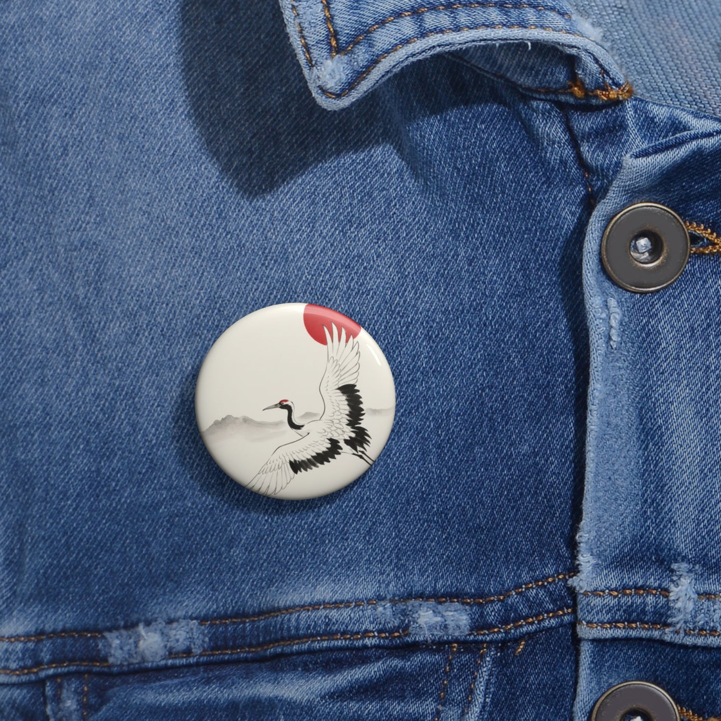 Broche de lapela com garça e sol nascente — Broche de pássaro de inspiração japonesa
