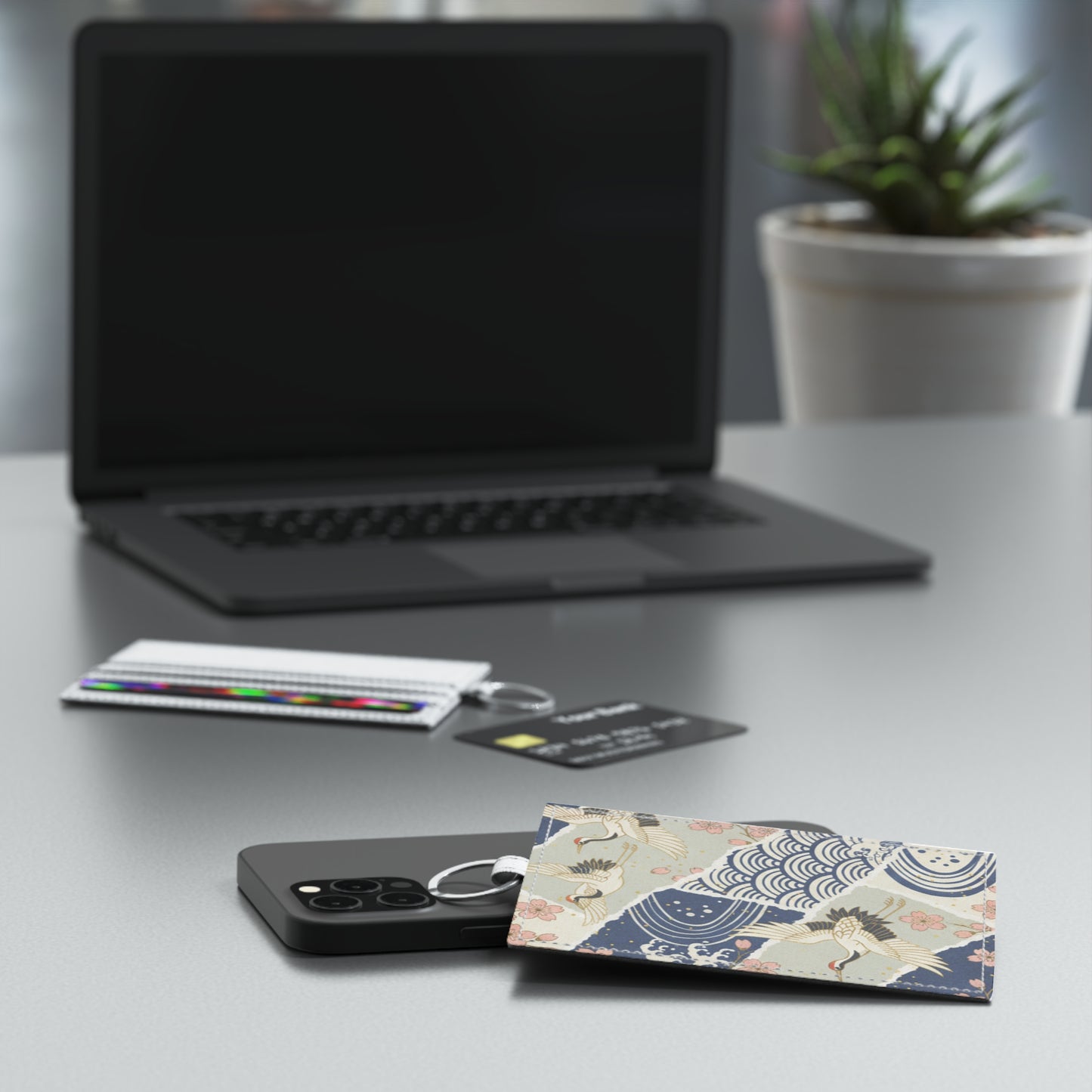 Saffiano Leather Card Holder — Crane & Cherry Blossom Japanese Print