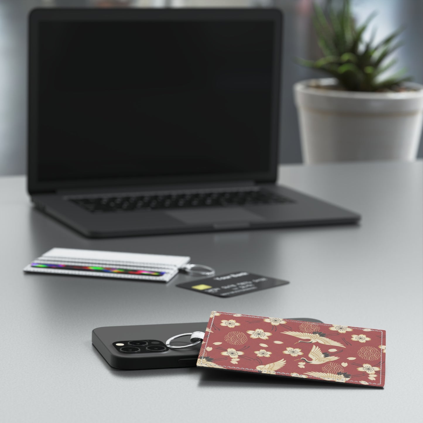 Saffiano Leather Card Holder — Red Crane & Cherry Blossom RFID Slim Wallet