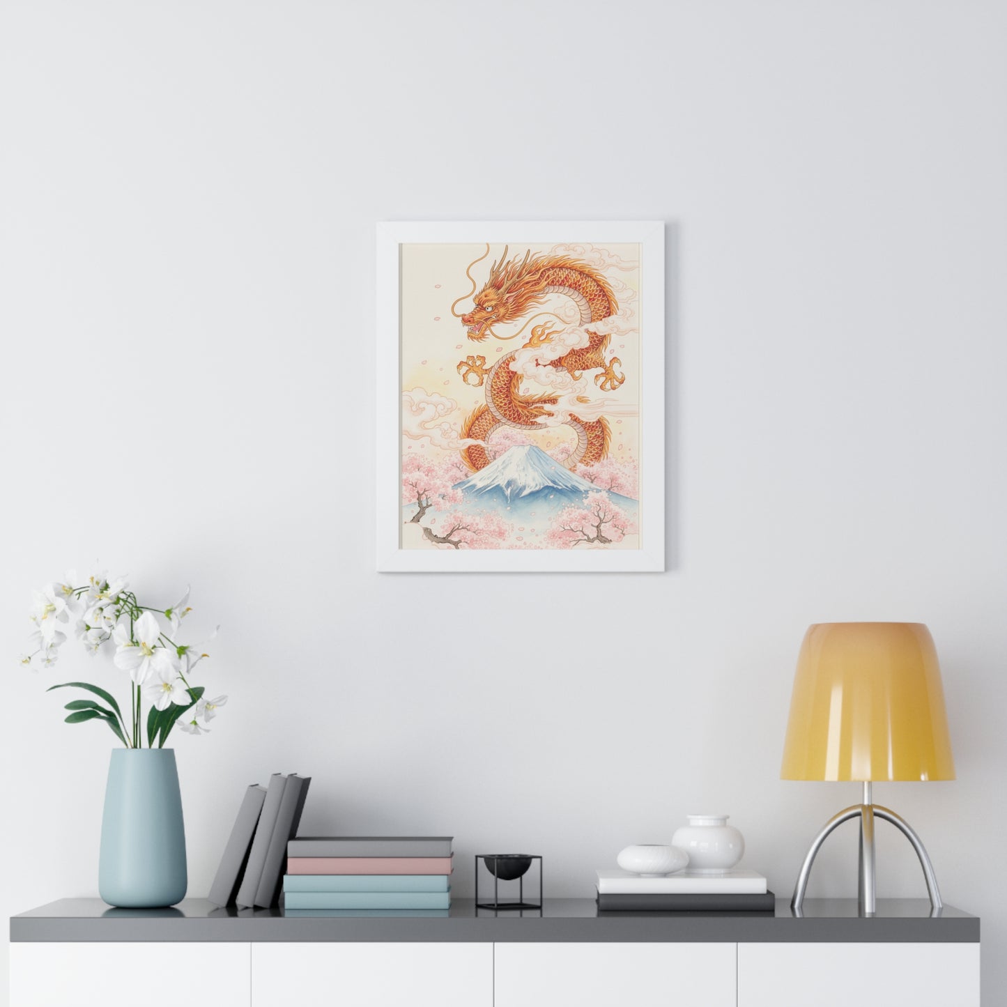 Framed Japanese Dragon Poster – Cherry Blossom & Mount Fuji Wall Art