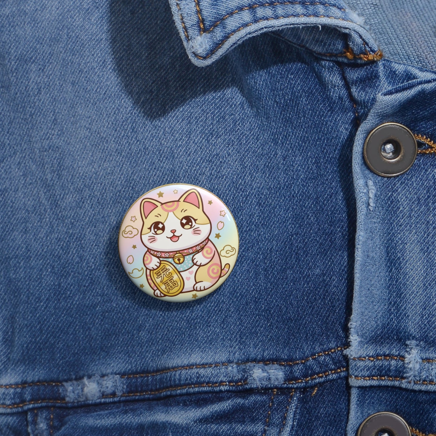 Lucky Maneki Neko Pin Button — Cute Pastel Cat Enamel-Style Accessory