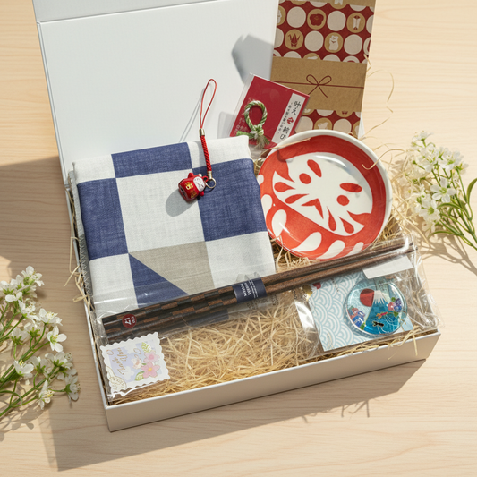 Japanese mystery gift box with blue checkered furoshiki, maneki neko charm and daruma ceramic plate, handpicked in Osaka Japan