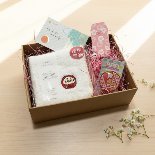 Japanese mystery gift box with kokeshi towel, daruma badge and Mt Fuji magnet, handpicked in Osaka Japan