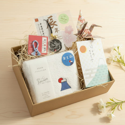Japanese mystery gift box with mt. Fuji towel and dragon keychain, handpicked in Osaka Japan