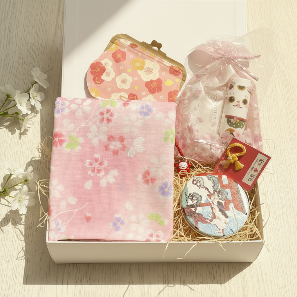 Japanese mystery gift box with sakura pink furoshiki, maneki neko bottle and coin purse, handpicked in Osaka Japan