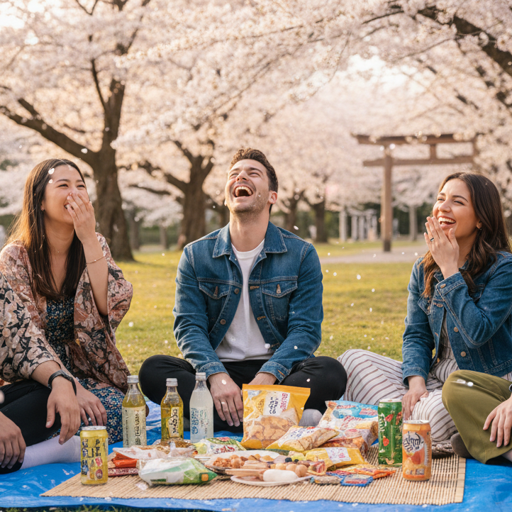 Hands reaching for Japanese snacks at a hanami picnic under sakura trees