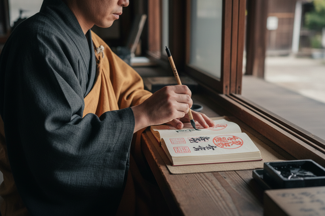 A Buddhist monk writing a goshuin temple seal in a traditional Japanese stamp book