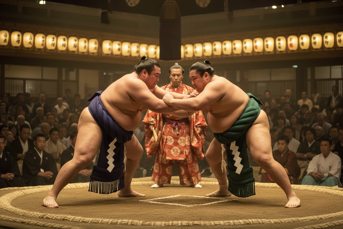 Two Japanese sumo wrestlers facing each other on a dohyo