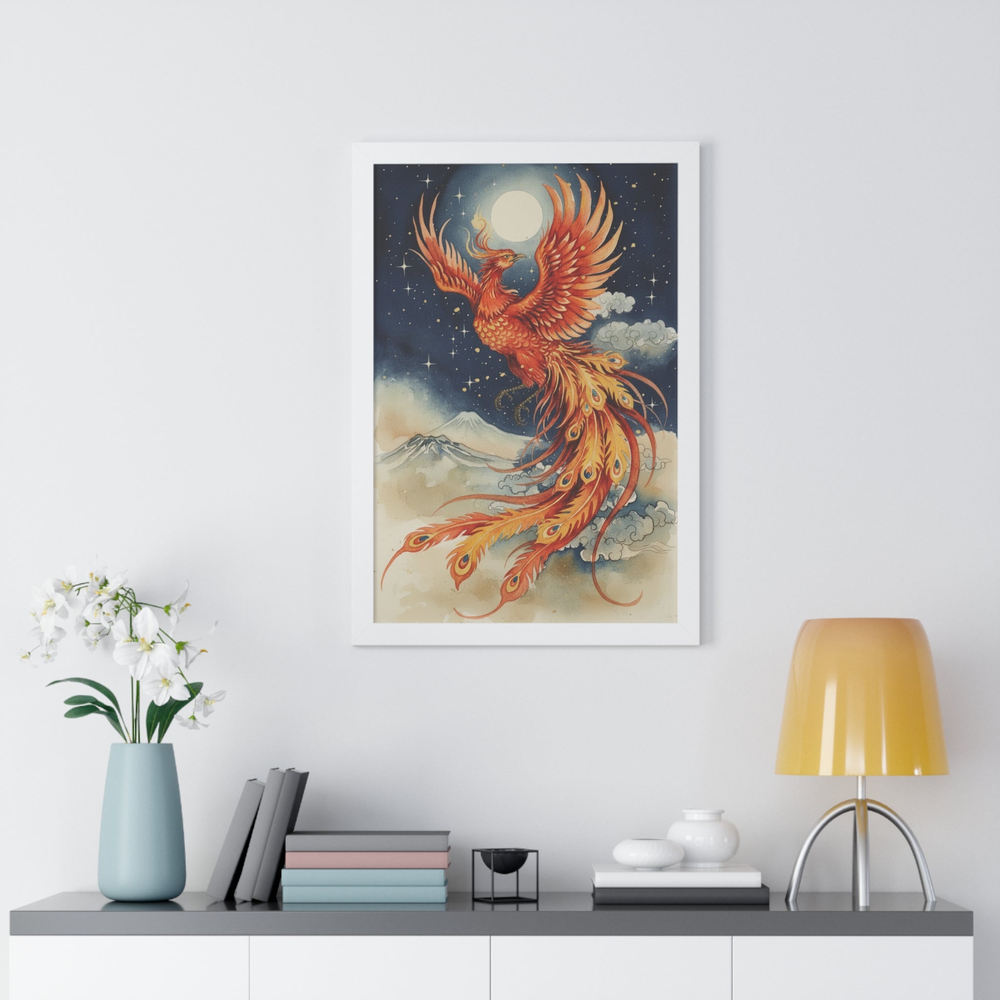Framed Japanese Phoenix Poster – Night Sky & Moon Wall Art