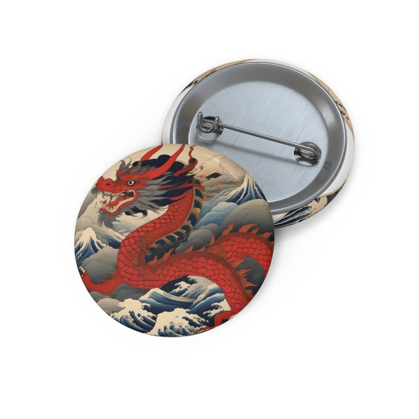 Dragon Wave Pin Button — Red Japanese-Style Round Badge