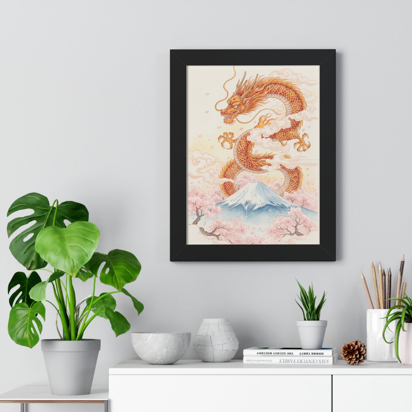 Framed Japanese Dragon Poster – Cherry Blossom & Mount Fuji Wall Art