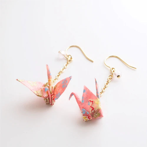 Japanese Origami Crane Earrings Pink – Yuzen Washi Paper | Made in Japan