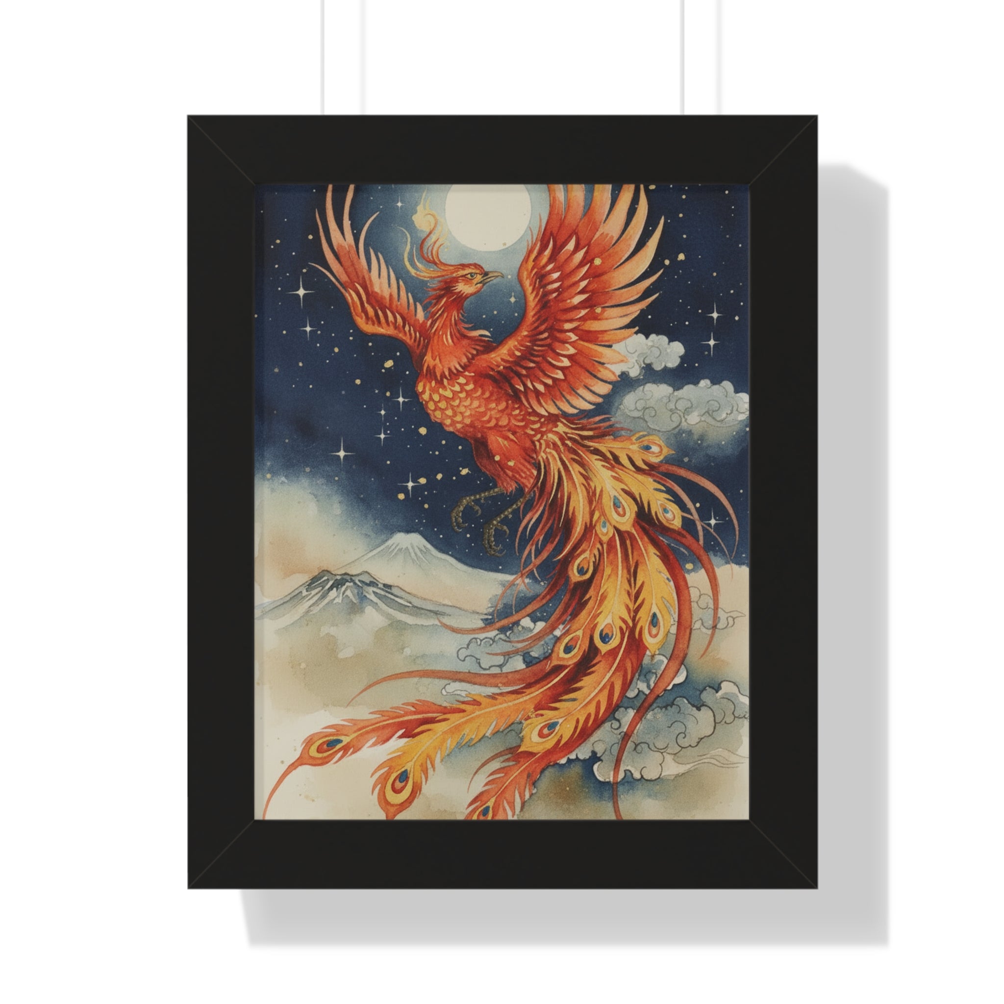Framed Japanese Phoenix Poster – Night Sky & Moon Wall Art