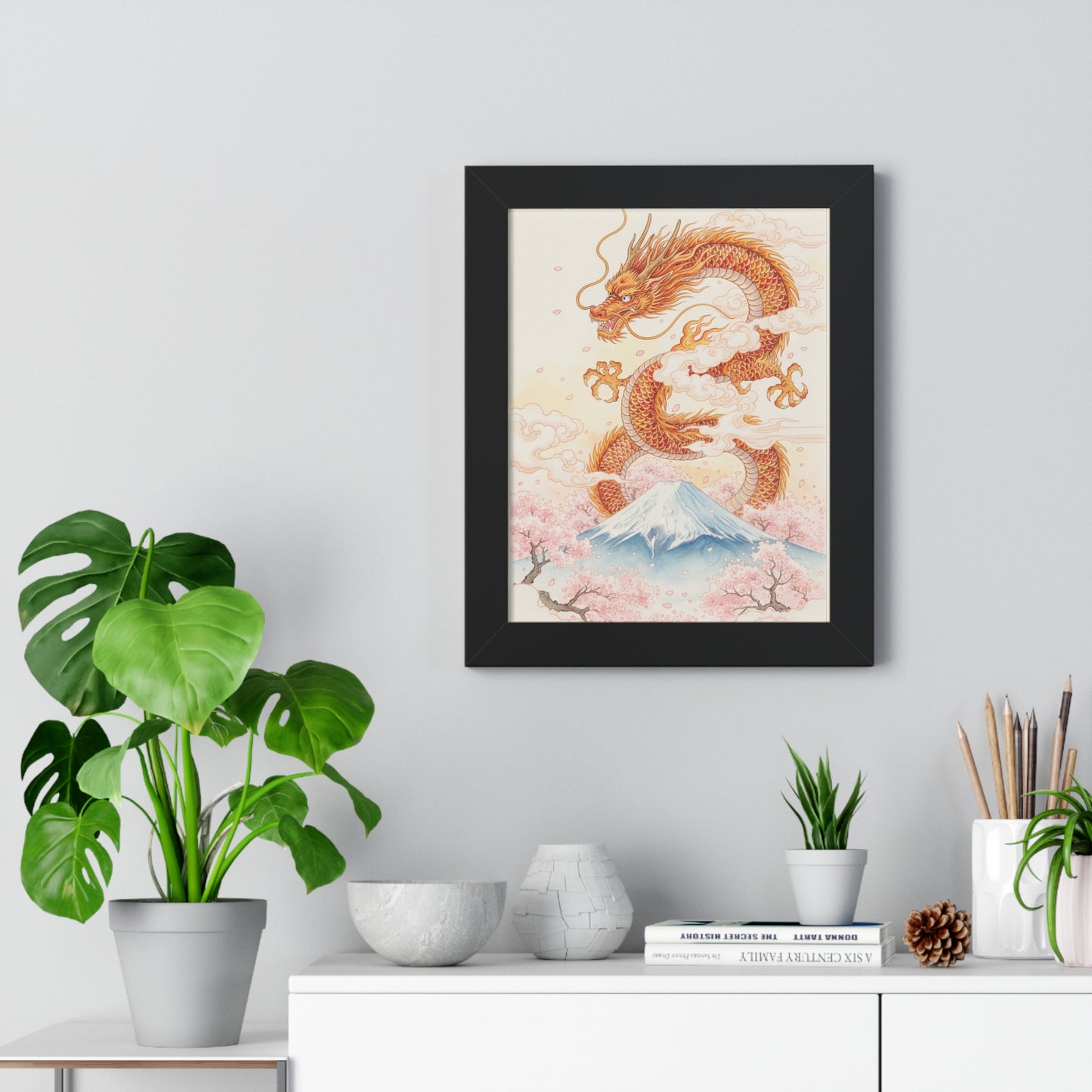 Framed Japanese Dragon Poster – Cherry Blossom & Mount Fuji Wall Art