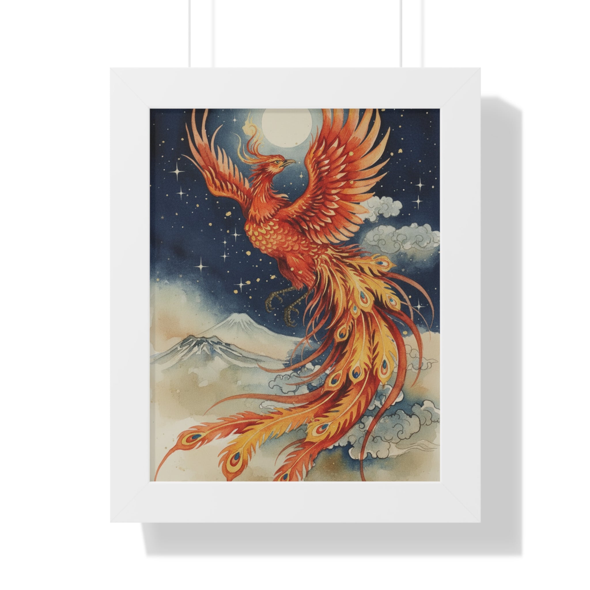 Framed Japanese Phoenix Poster – Night Sky & Moon Wall Art