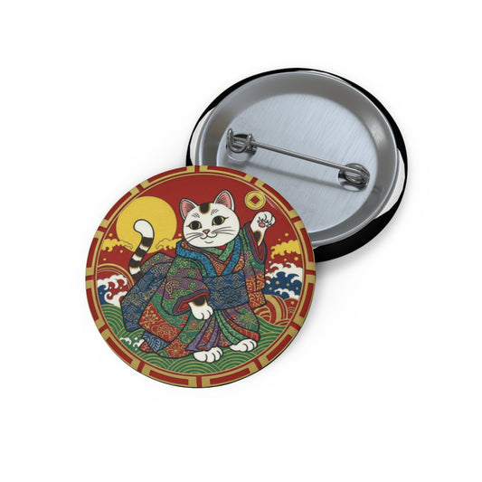 Maneki Neko Pin Button — Lucky Cat Japanese Kimono Enamel-Style Badge