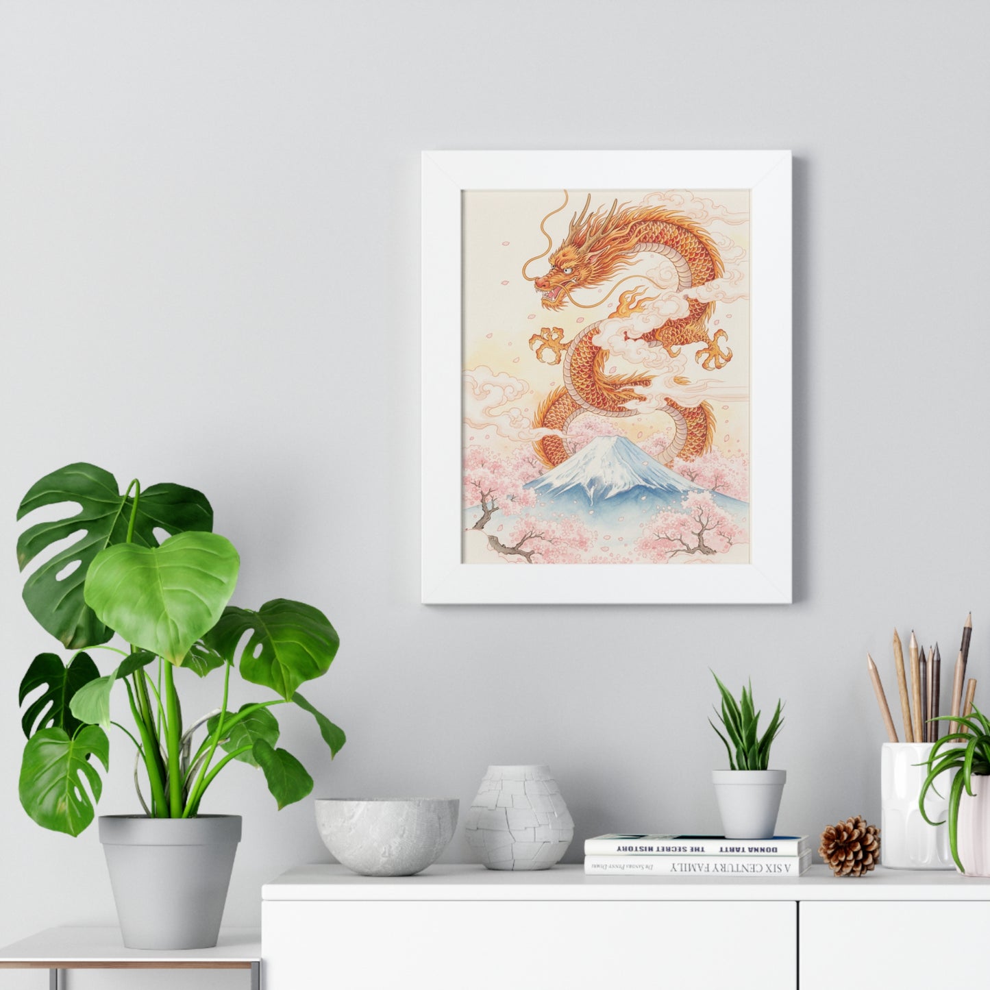 Framed Japanese Dragon Poster – Cherry Blossom & Mount Fuji Wall Art