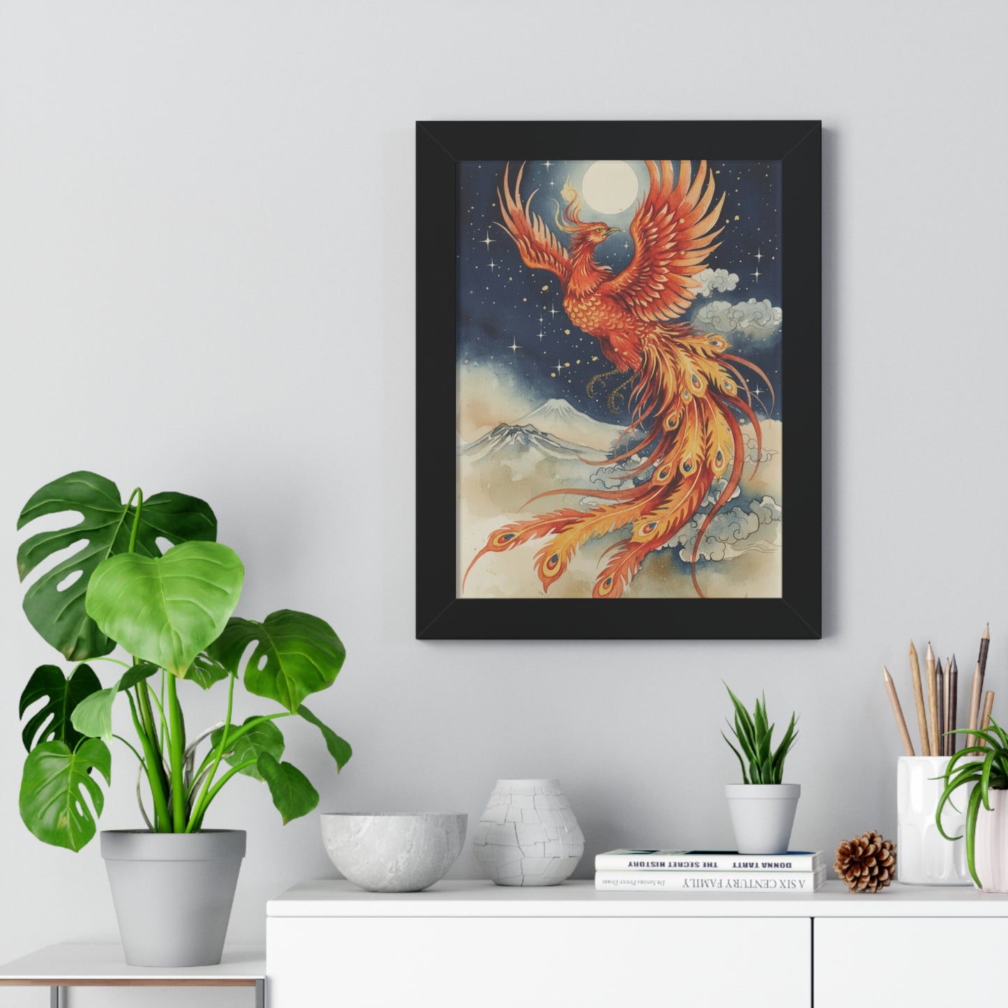 Framed Japanese Phoenix Poster – Night Sky Wall Art | Museum-Quality Print