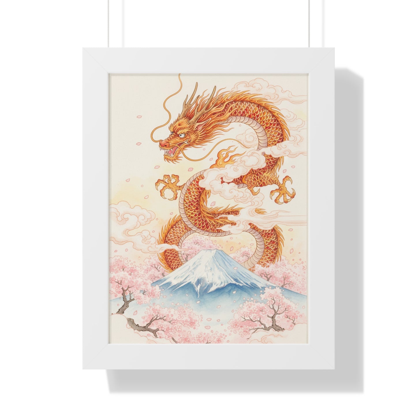 Framed Japanese Dragon Poster – Cherry Blossom & Mount Fuji Wall Art