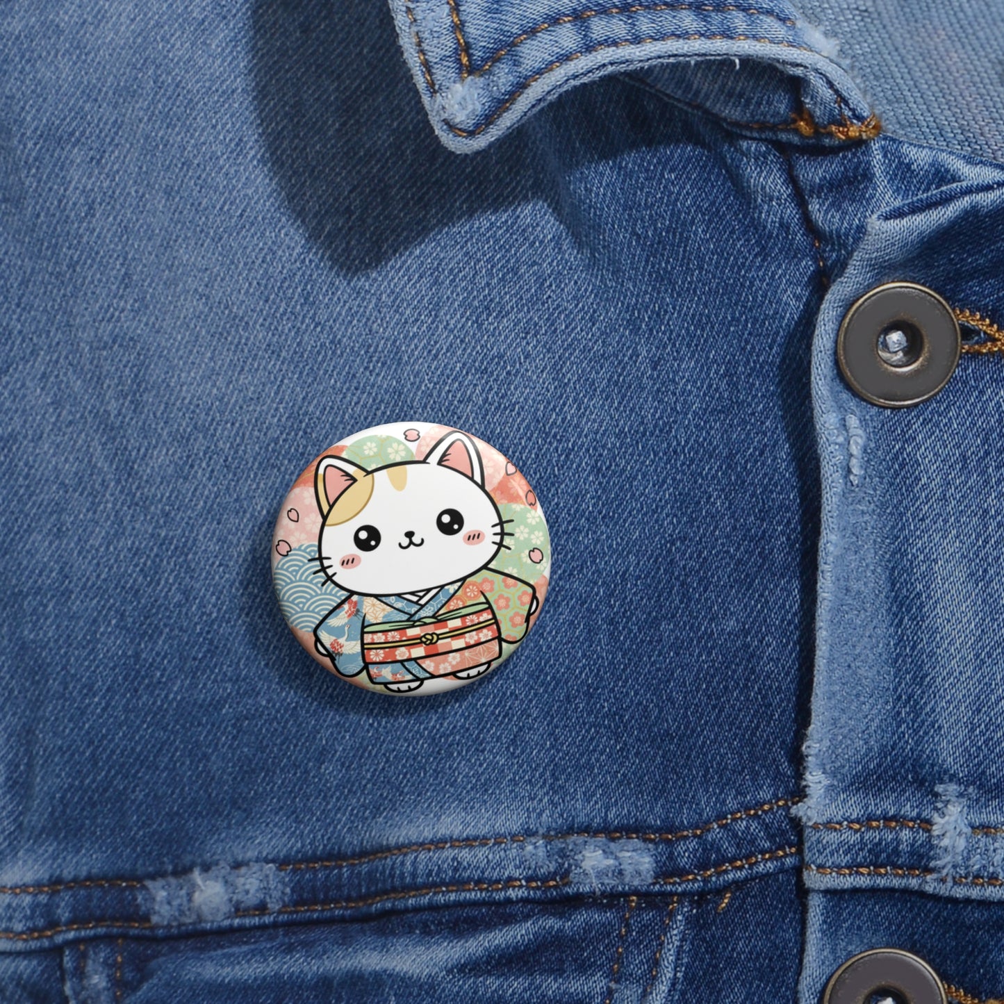 Cute Kawaii Cat Kimono Pin Button — Japanese Lucky Cat Badge