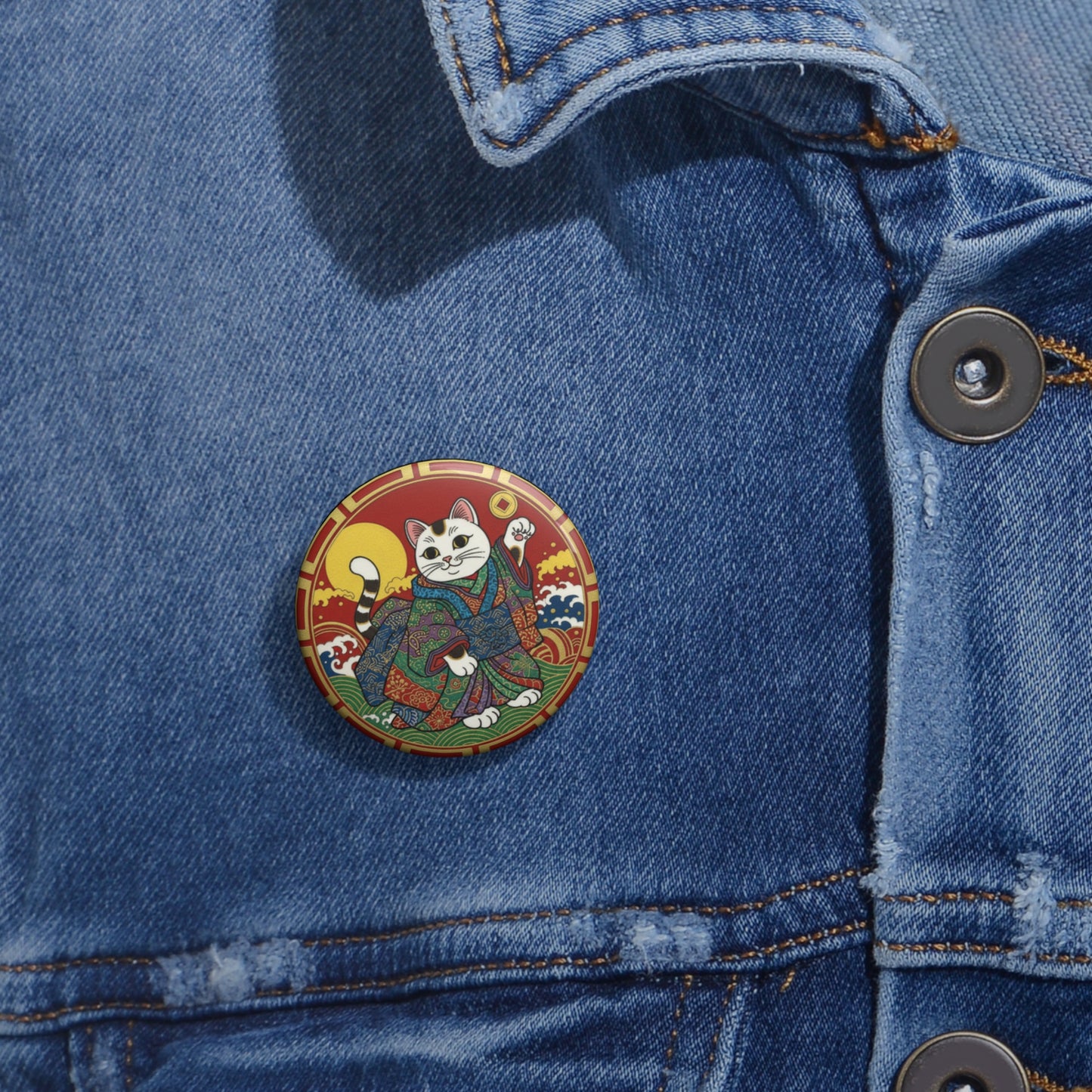 Maneki Neko Pin Button — Lucky Cat Japanese Kimono Enamel-Style Badge