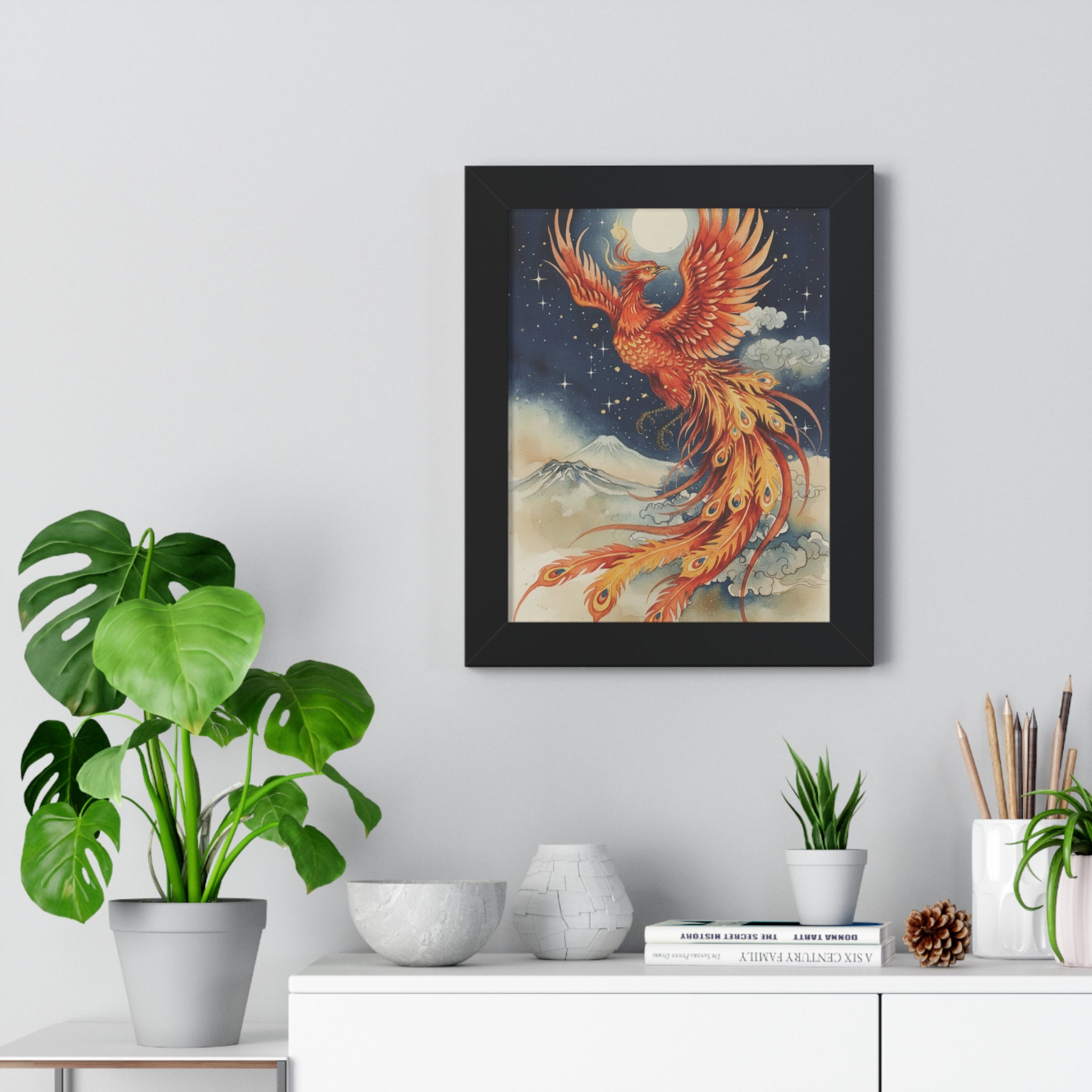 Framed Japanese Phoenix Poster – Night Sky & Moon Wall Art