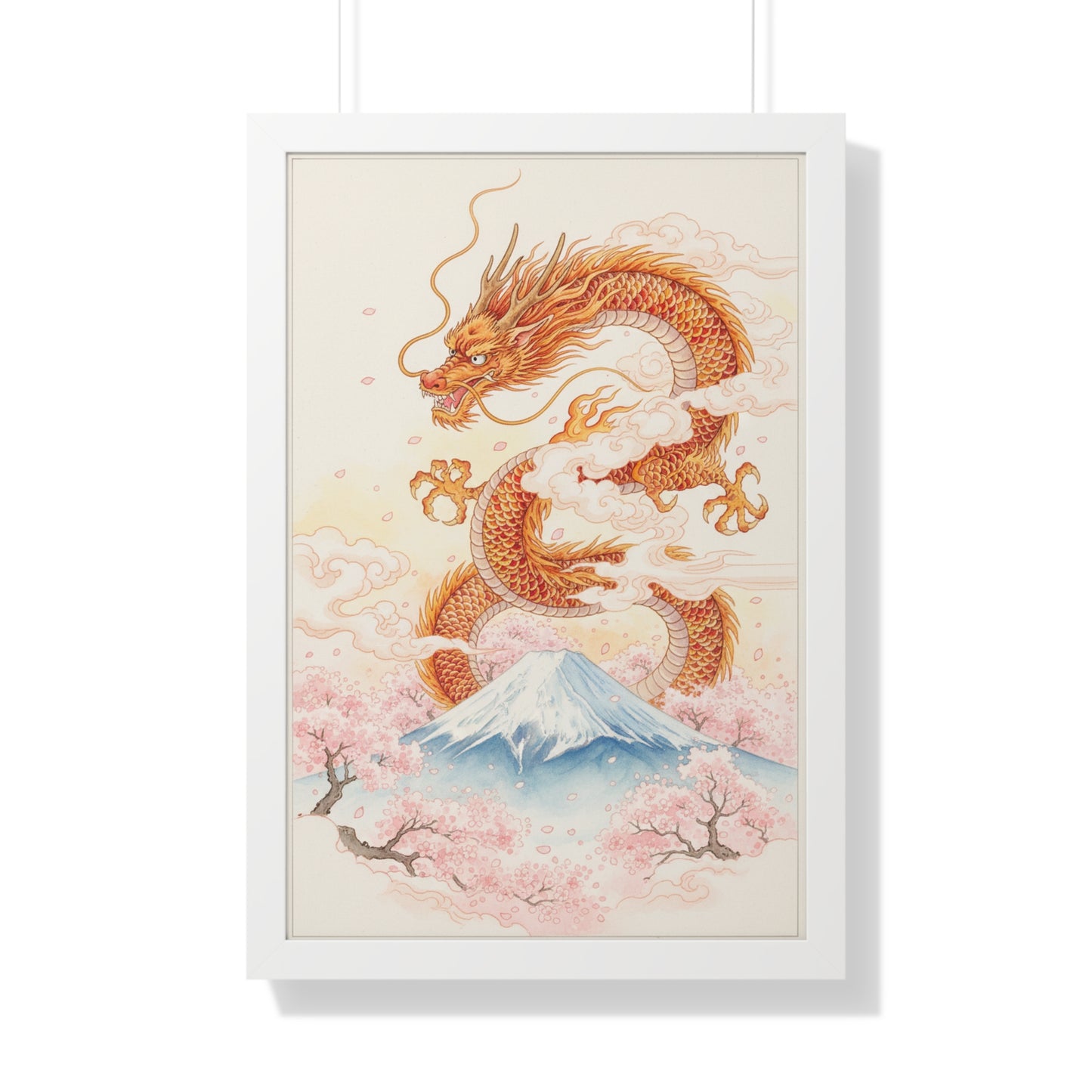 Framed Japanese Dragon Poster – Cherry Blossom & Mount Fuji Wall Art