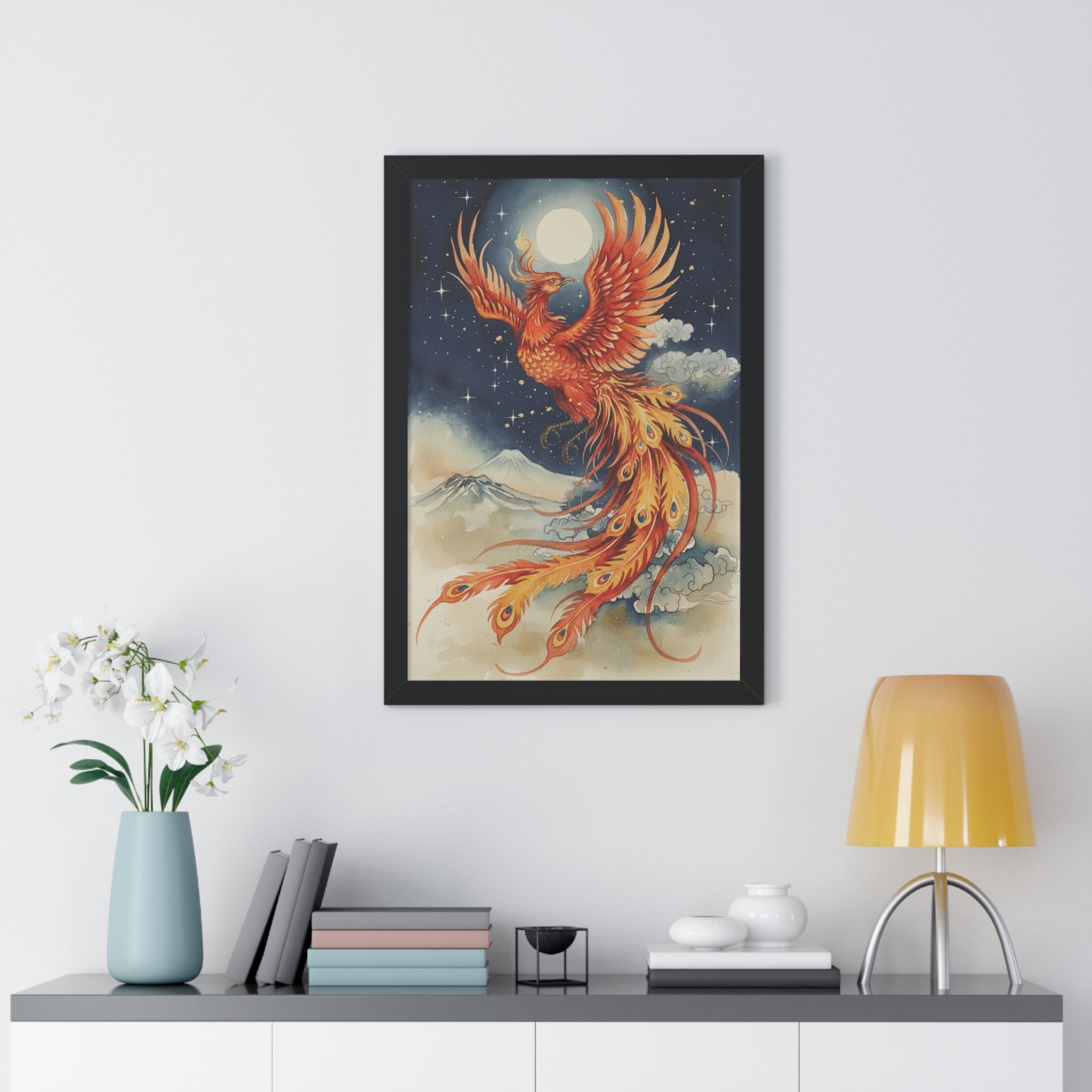 Framed Japanese Phoenix Poster – Night Sky & Moon Wall Art