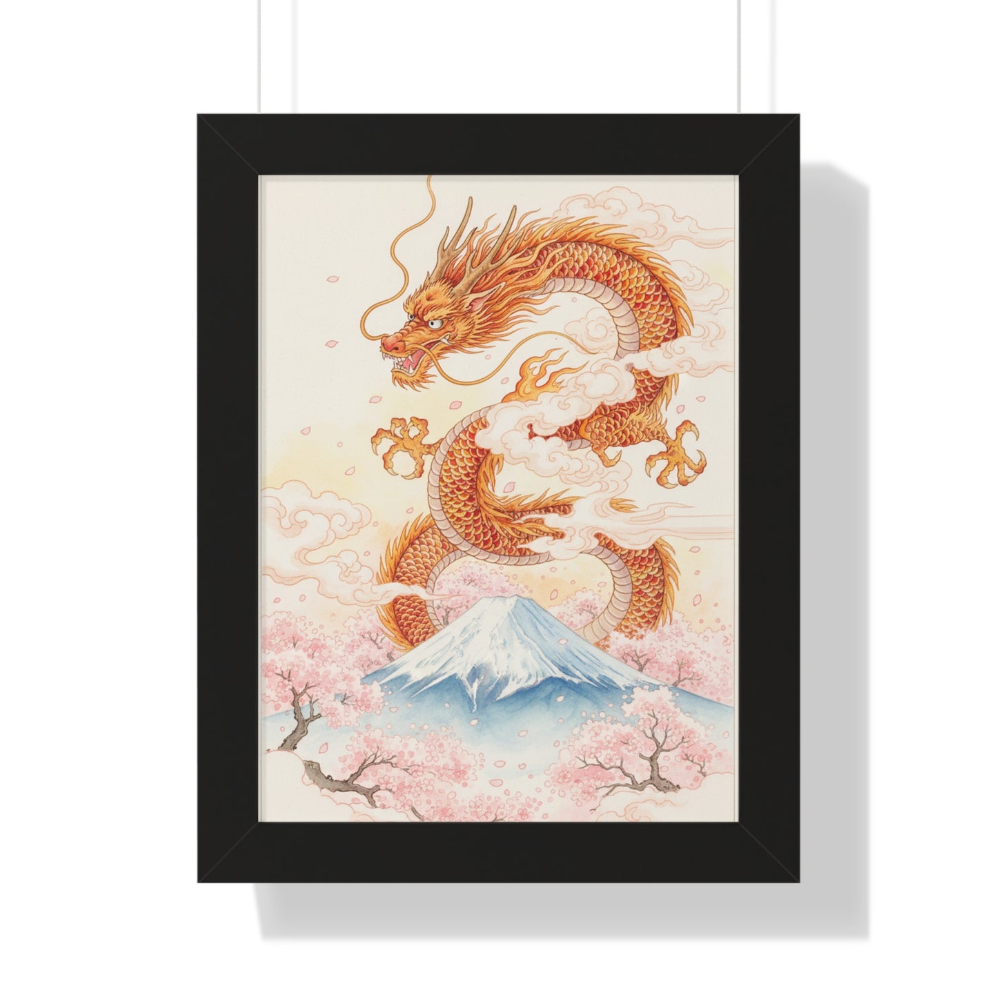 Framed Japanese Dragon Poster – Cherry Blossom & Mount Fuji Wall Art