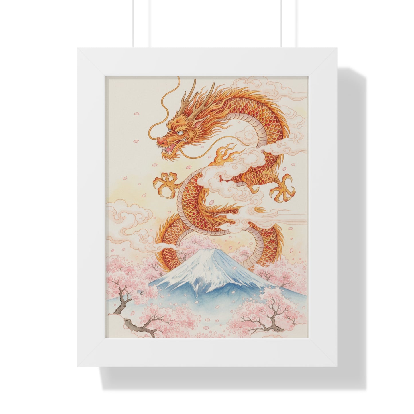 Framed Japanese Dragon Poster – Cherry Blossom & Mount Fuji Wall Art