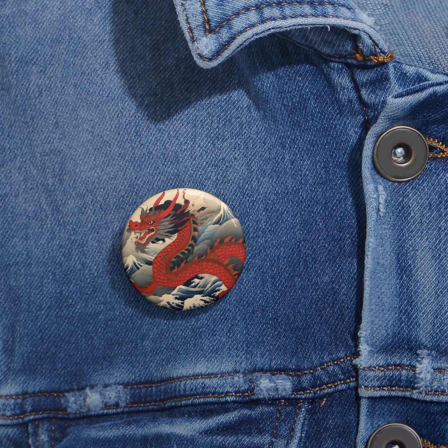 Dragon Wave Pin Button — Red Japanese-Style Round Badge