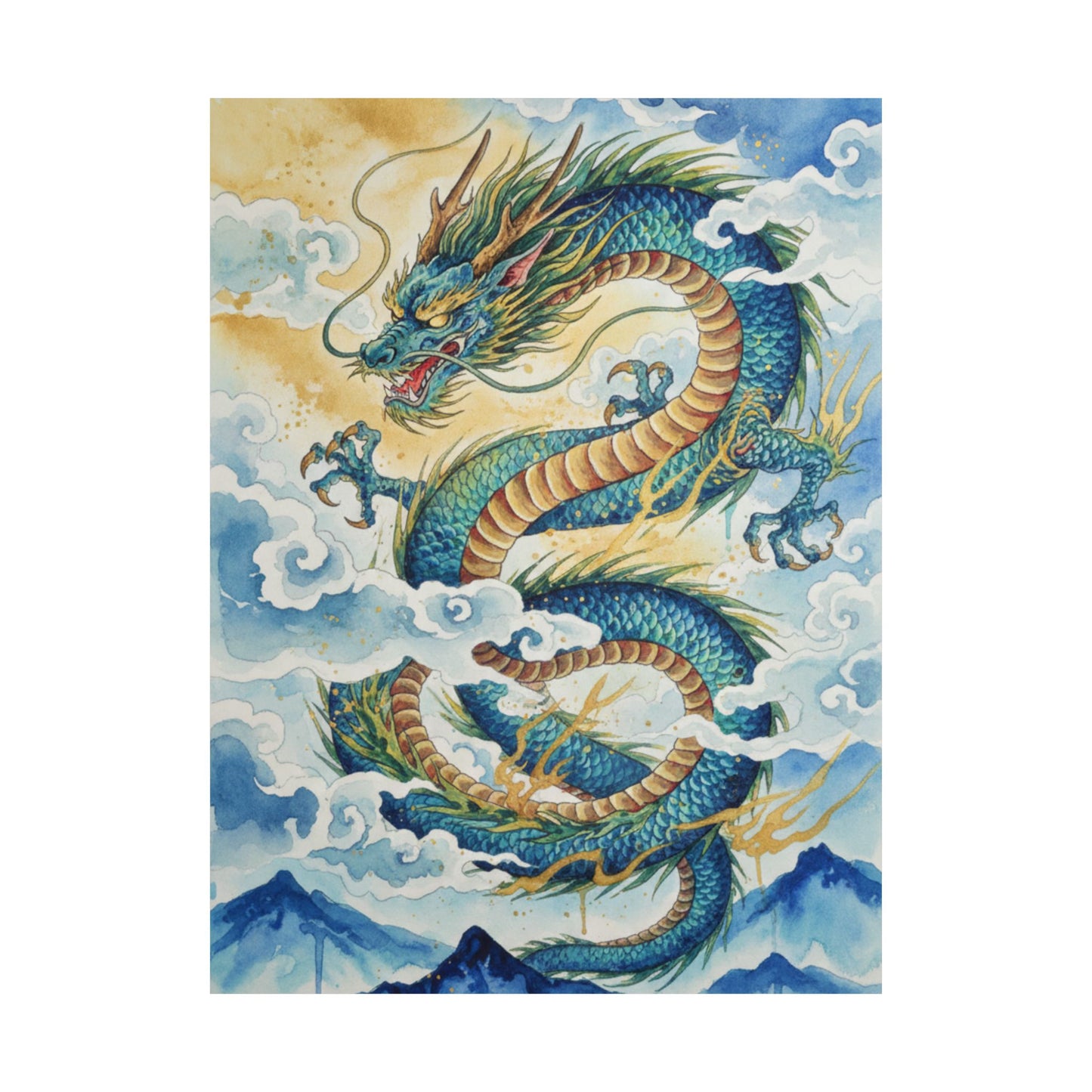 Blue Doragon Matte Poster — Japanese Ink Landscape Vertical Print