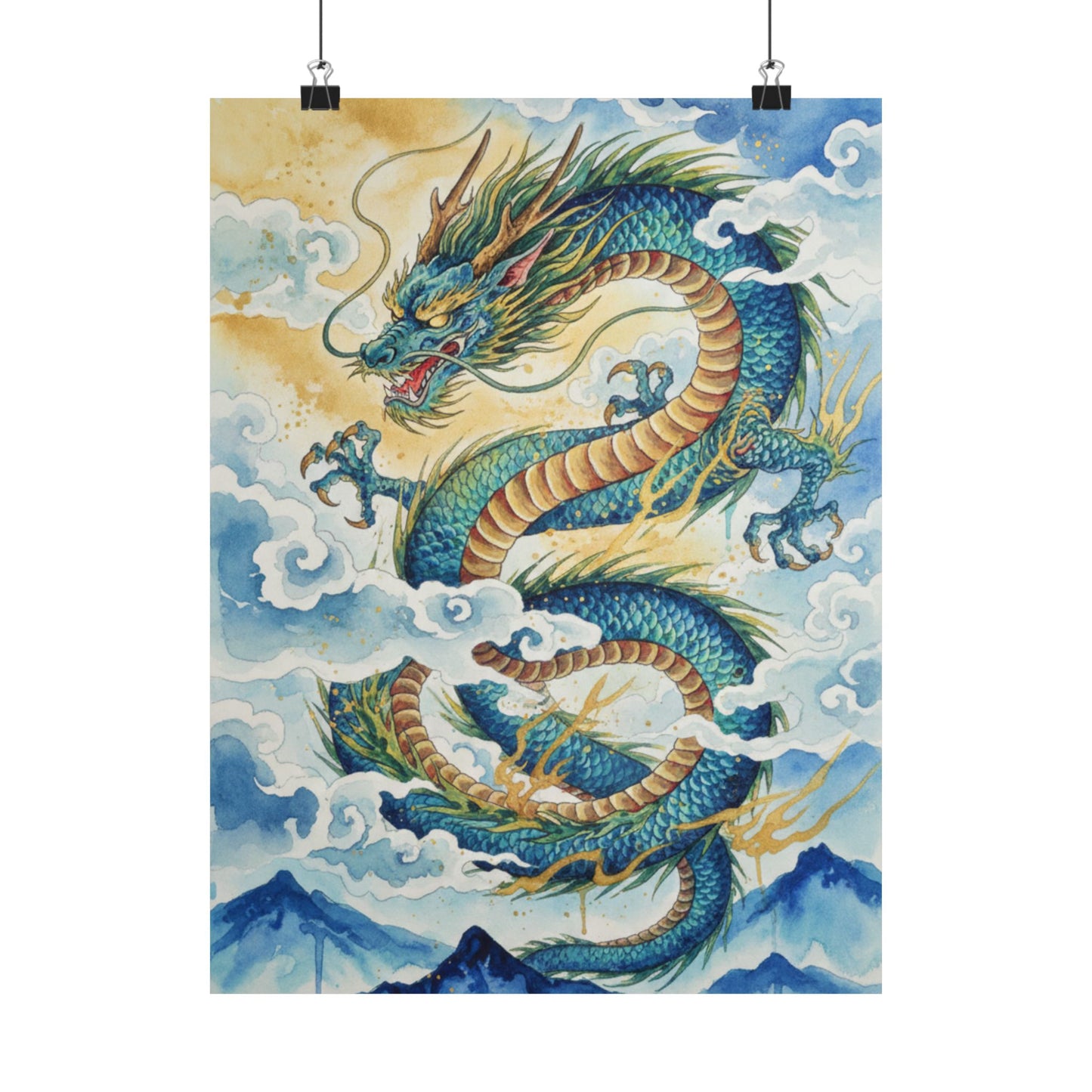 Blue Doragon Matte Poster — Japanese Ink Landscape Vertical Print