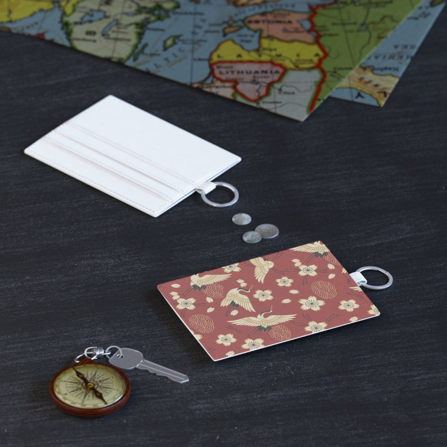 Saffiano Leather Card Holder — Red Crane & Cherry Blossom RFID Slim Wallet