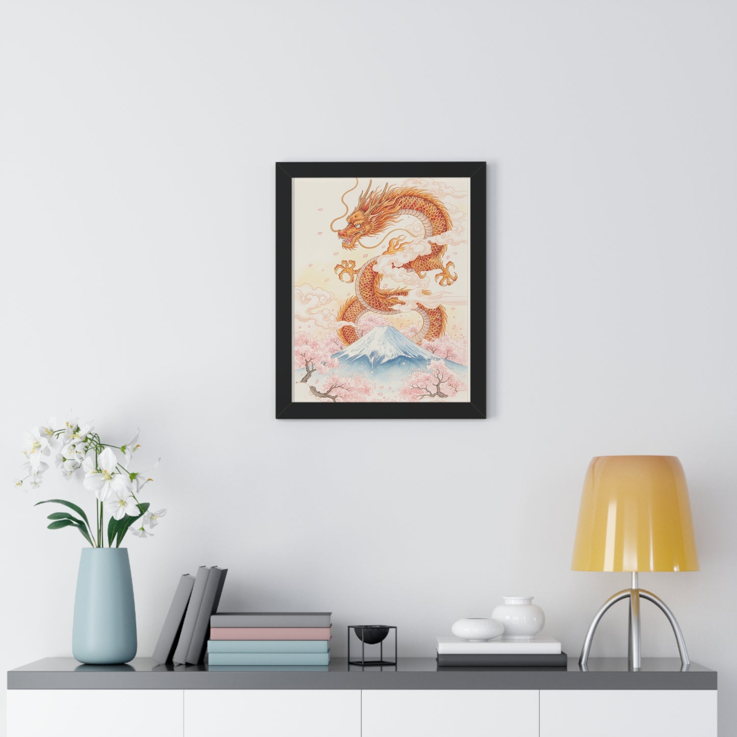 Framed Japanese Dragon Poster – Cherry Blossom & Mount Fuji Wall Art