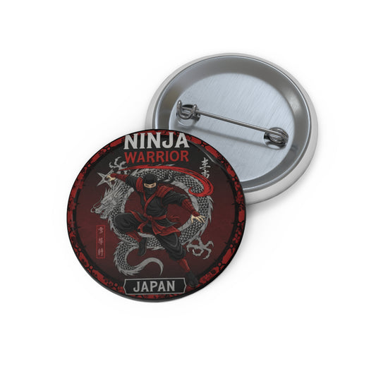 Ninja Warrior Japan Pin Button — Vintage Red Samurai Crest Lapel Pin