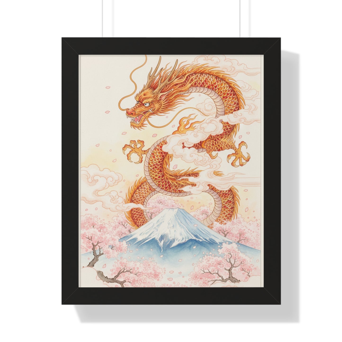 Framed Japanese Dragon Poster – Cherry Blossom & Mount Fuji Wall Art