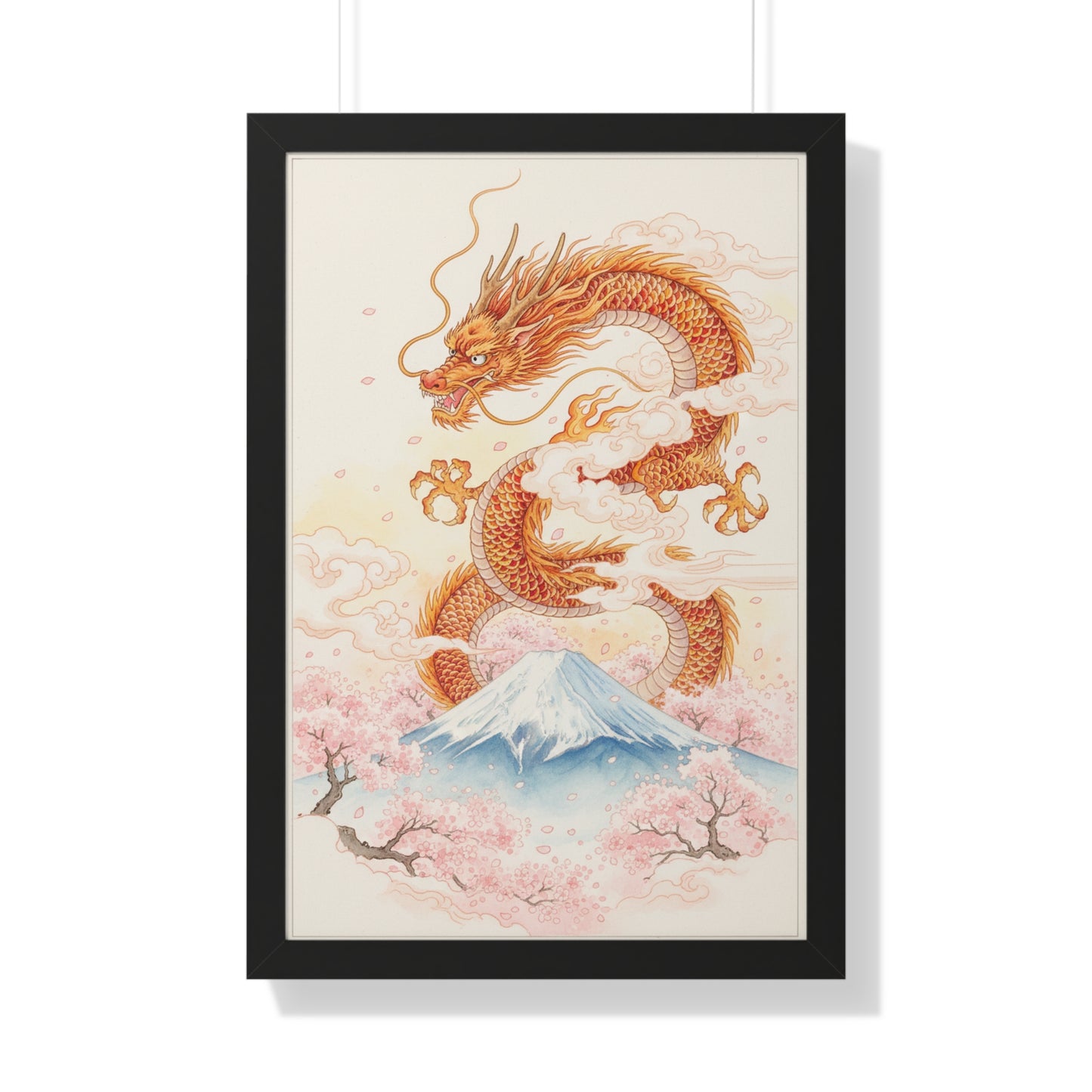 Framed Japanese Dragon Poster – Cherry Blossom & Mount Fuji Wall Art