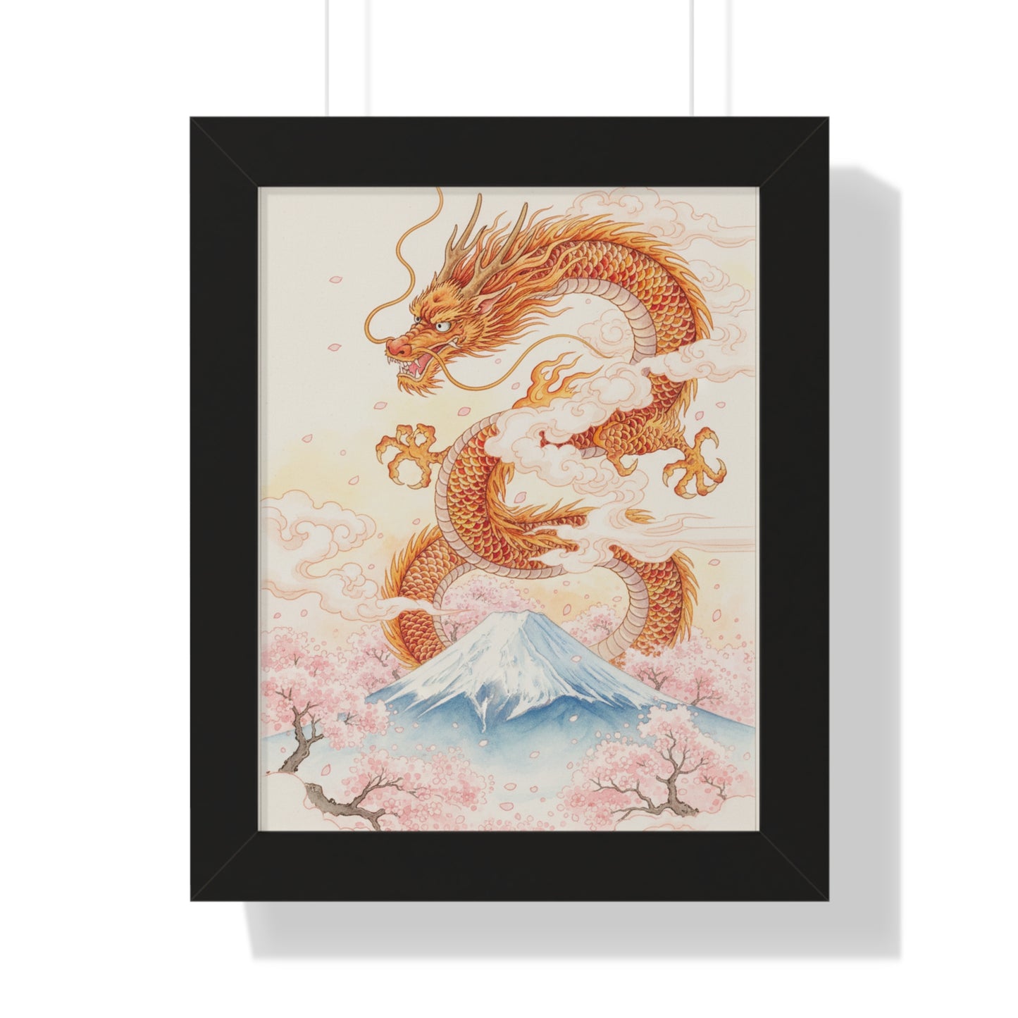 Framed Japanese Dragon Poster – Cherry Blossom & Mount Fuji Wall Art