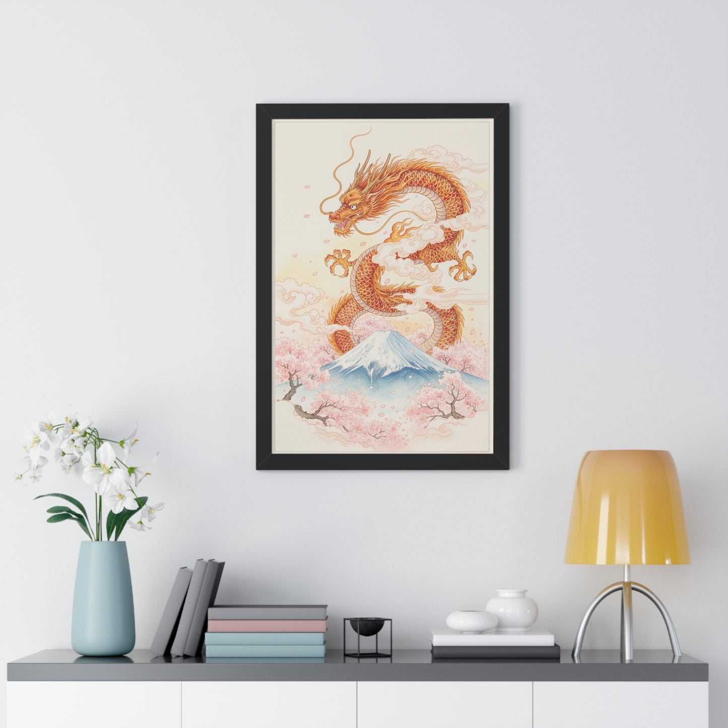 Framed Japanese Dragon Poster – Cherry Blossom & Mount Fuji Wall Art