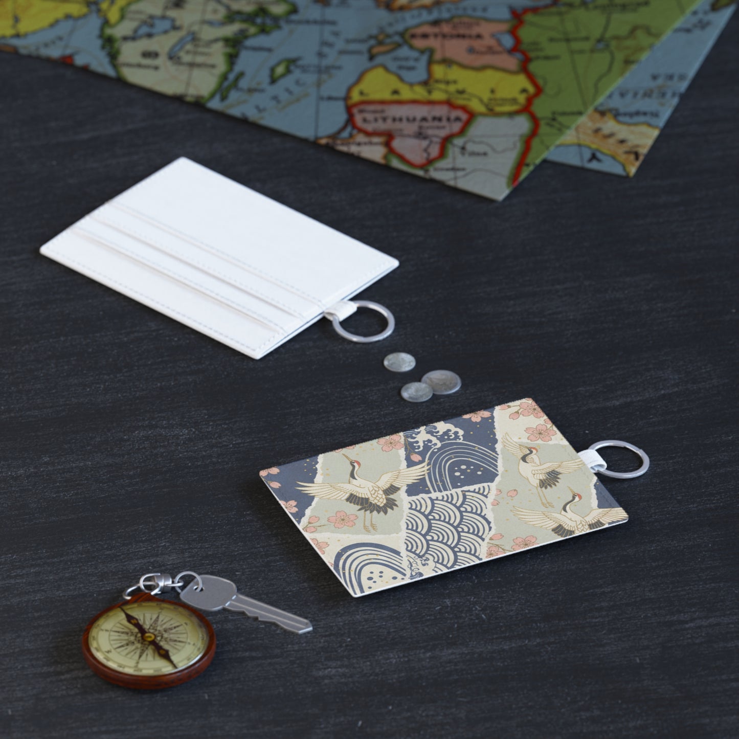 Saffiano Leather Card Holder — Crane & Cherry Blossom Japanese Print