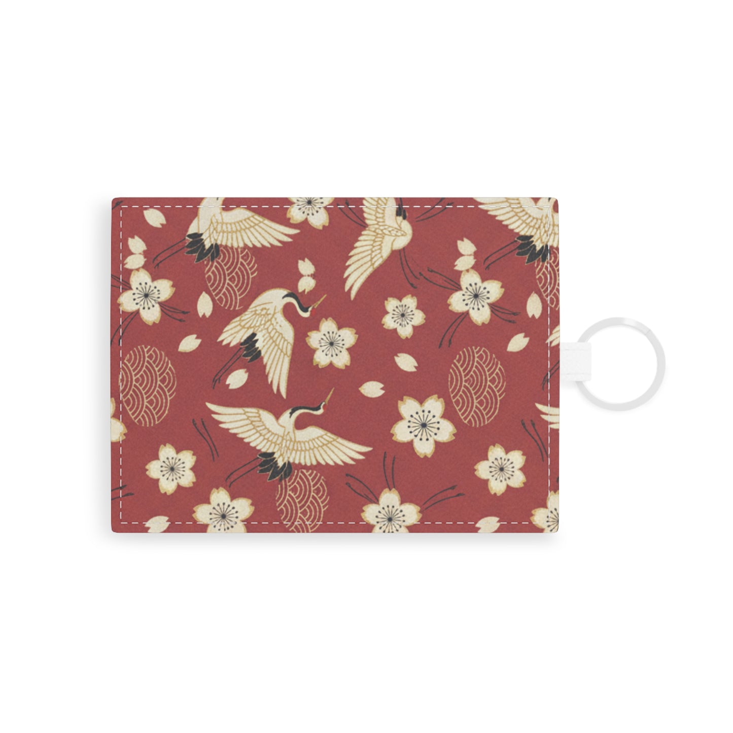 Saffiano Leather Card Holder — Red Crane & Cherry Blossom RFID Slim Wallet
