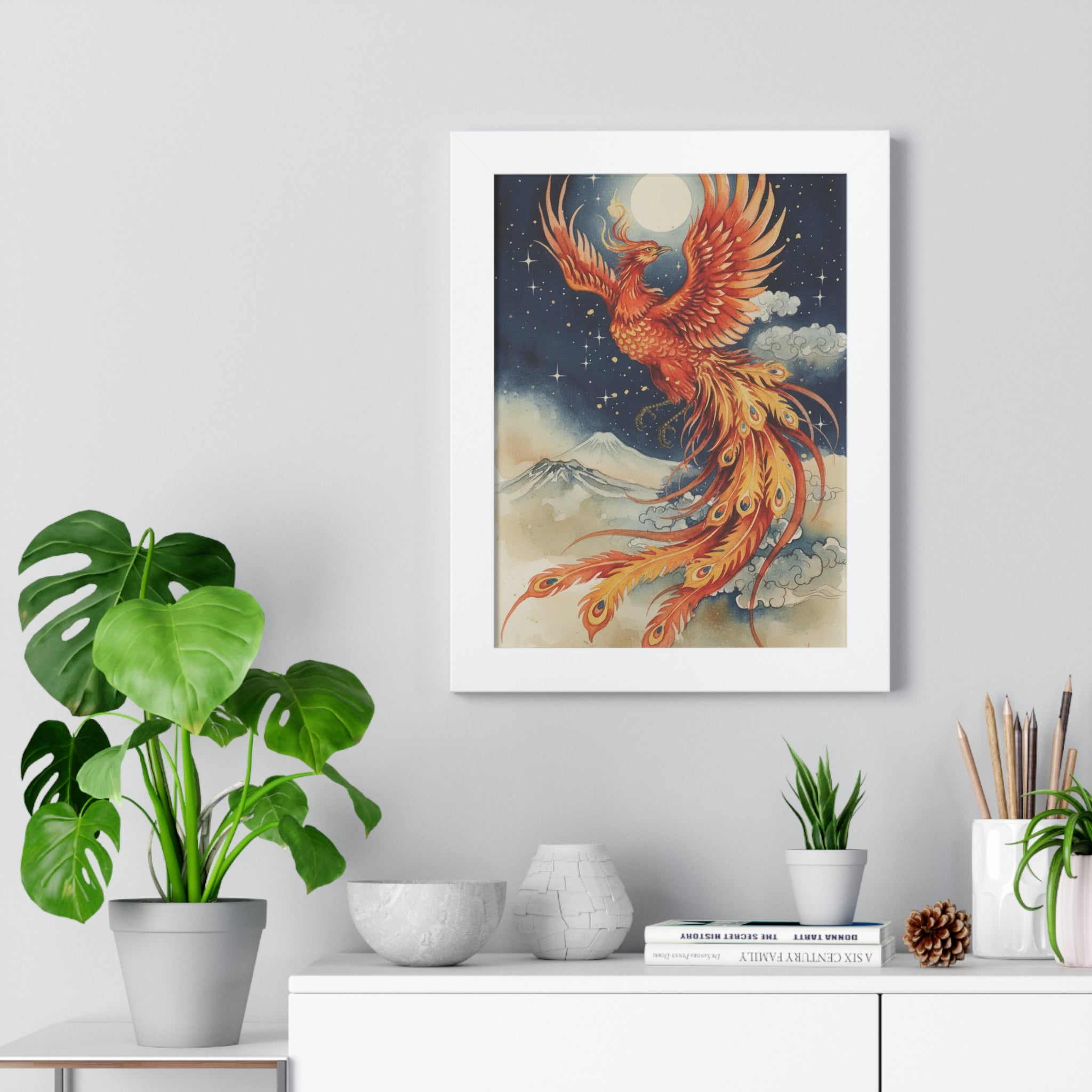 Framed Japanese Phoenix Poster – Night Sky & Moon Wall Art