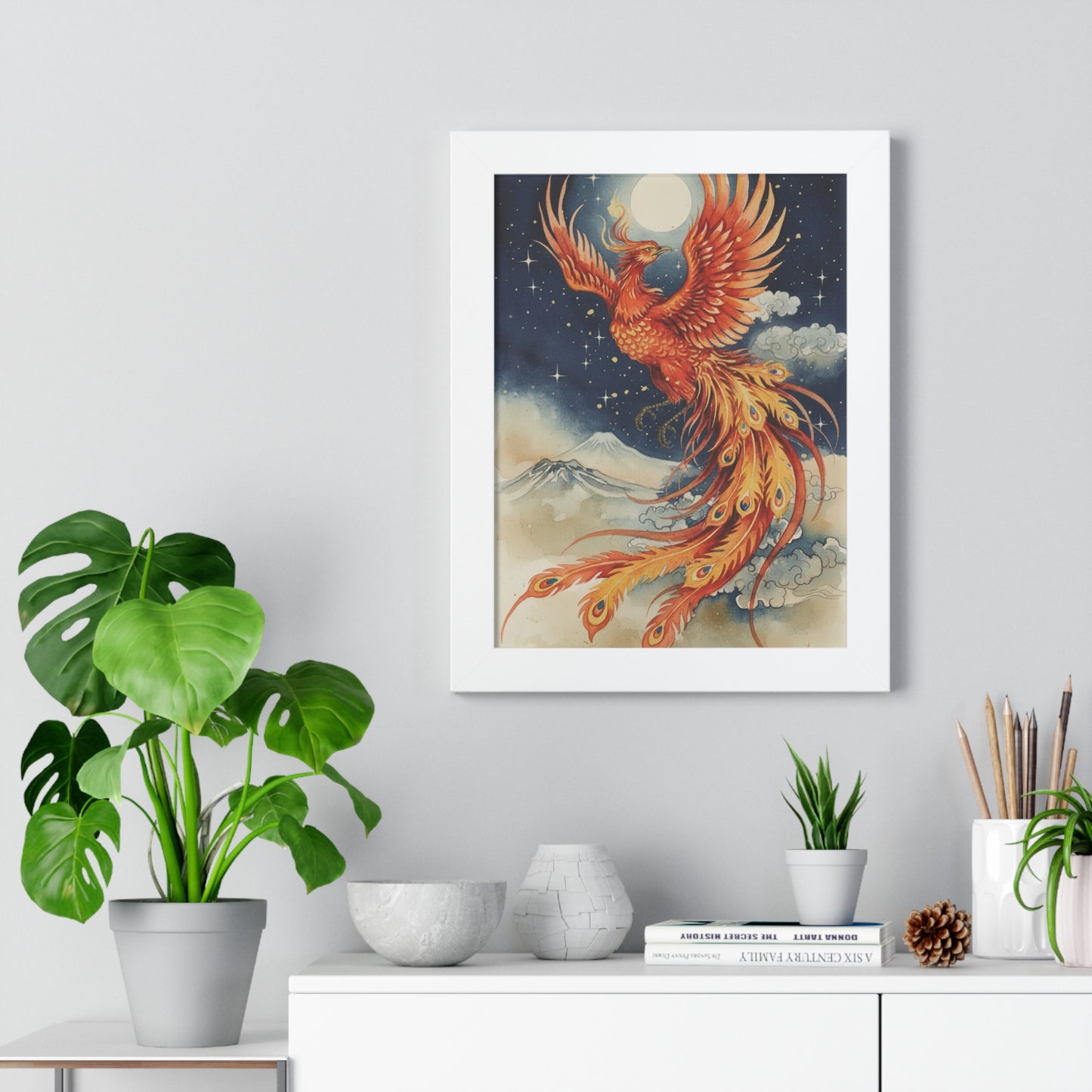 Framed Japanese Phoenix Poster – Night Sky Wall Art | Museum-Quality Print