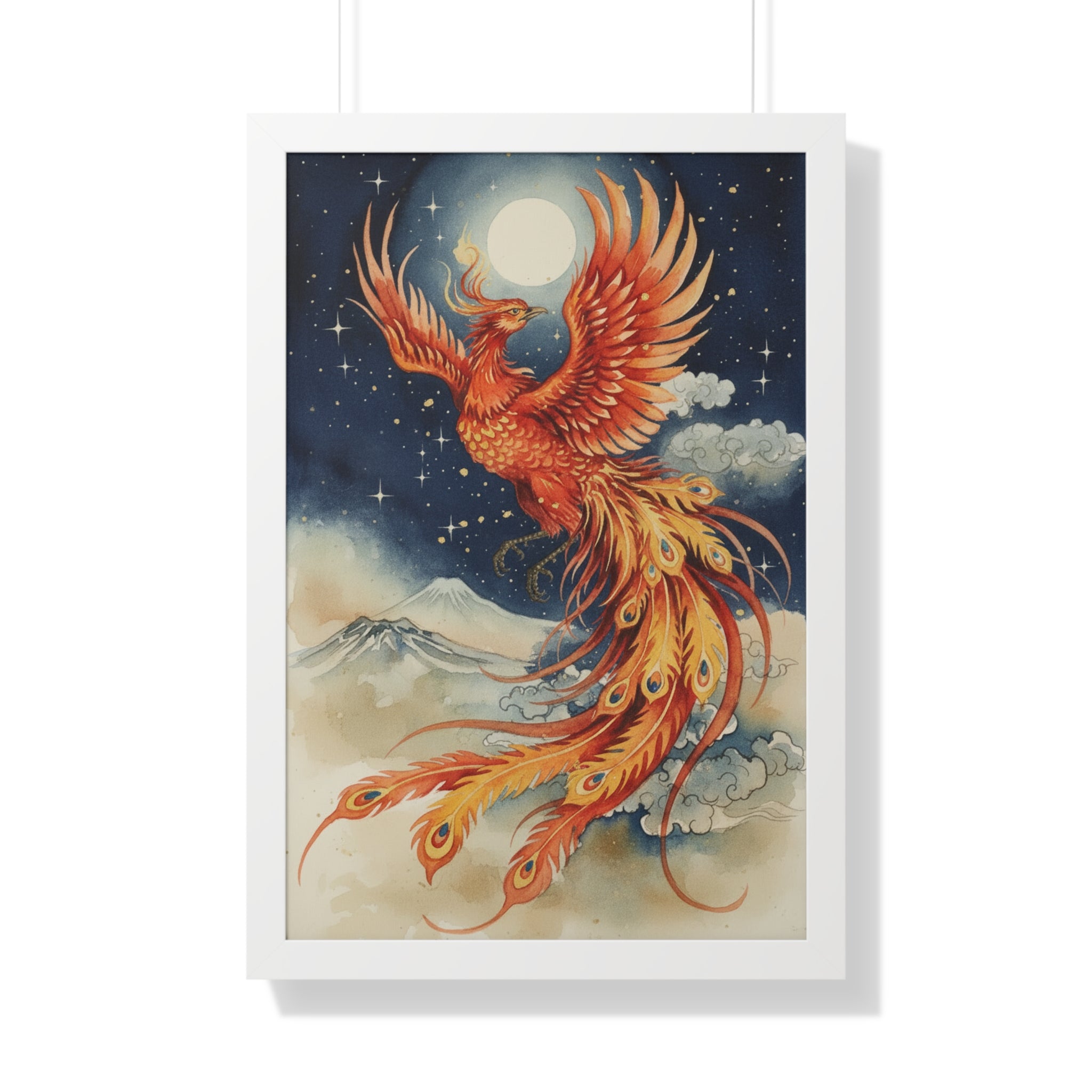 Framed Japanese Phoenix Poster – Night Sky & Moon Wall Art