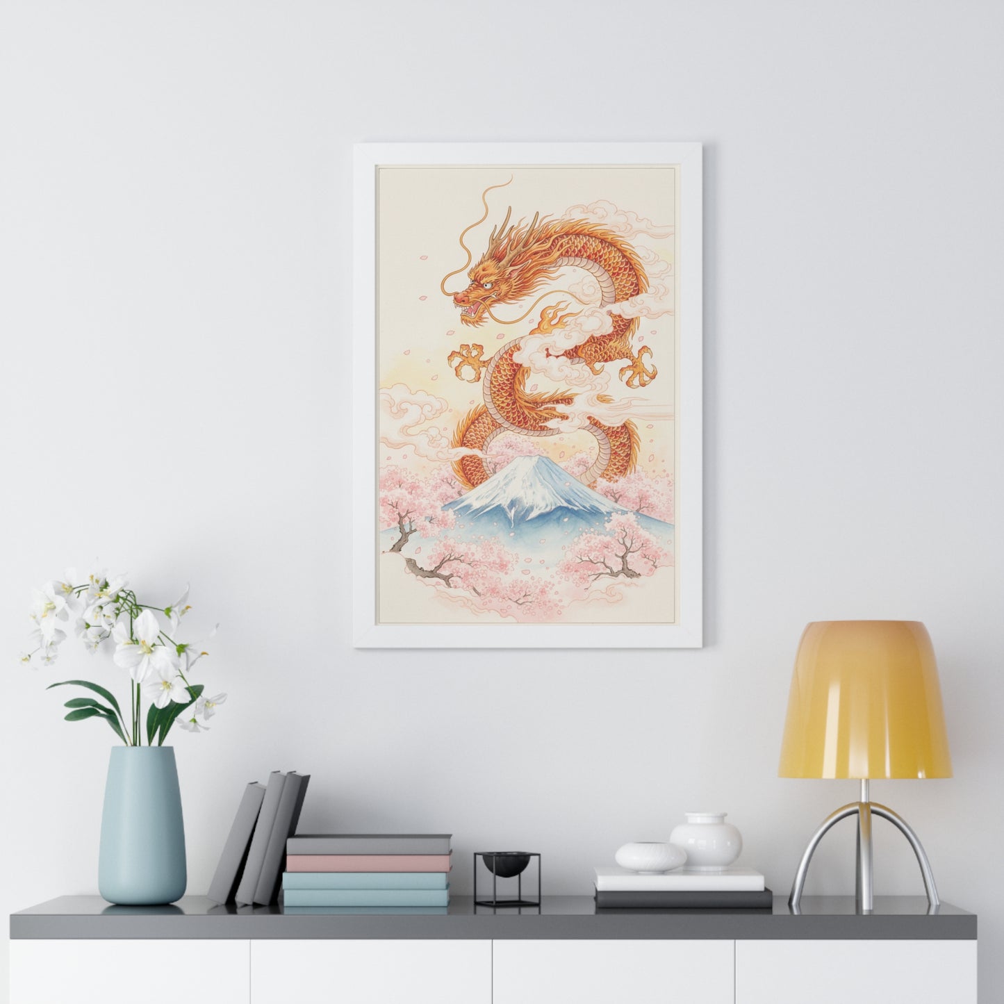 Framed Japanese Dragon Poster – Cherry Blossom & Mount Fuji Wall Art