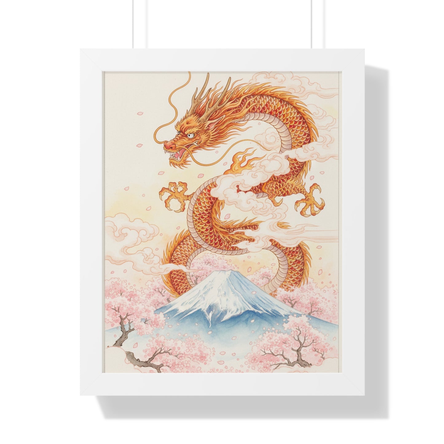 Framed Japanese Dragon Poster – Cherry Blossom & Mount Fuji Wall Art