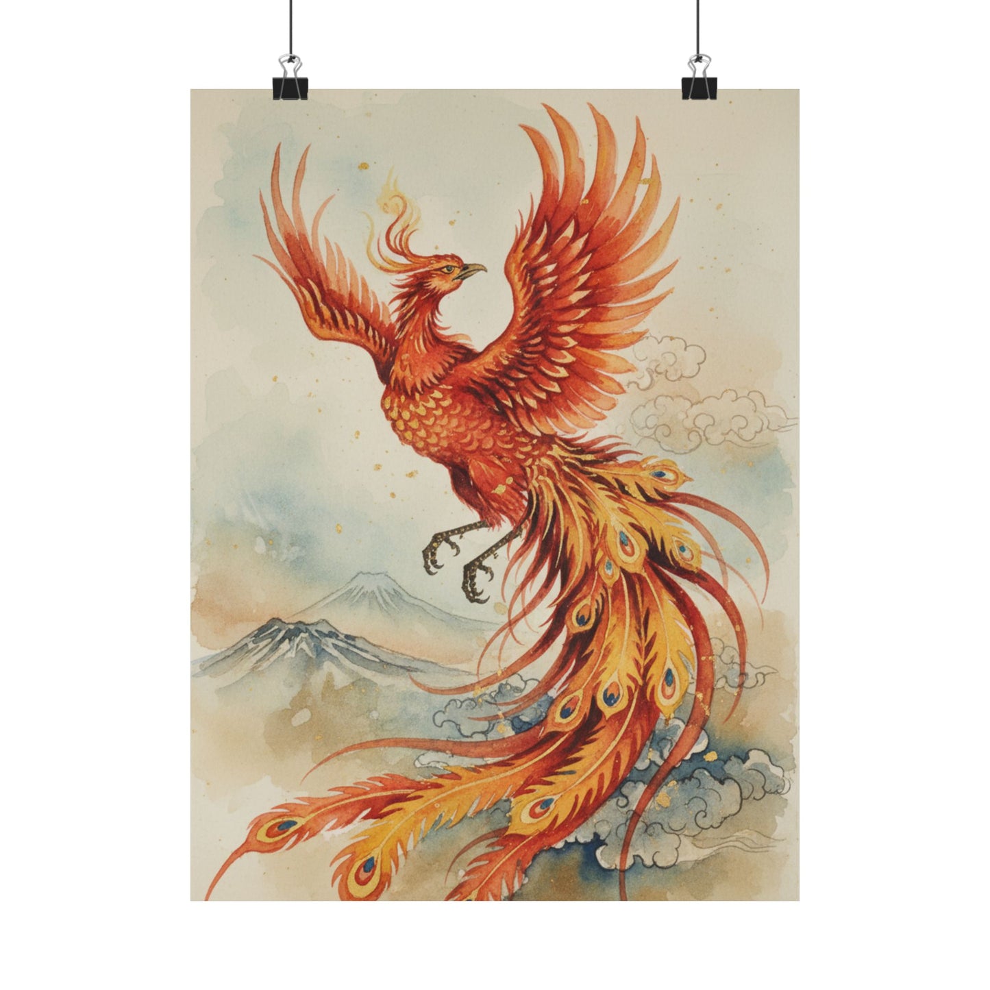 Japanese phoenix watercolor art print in red and gold tones