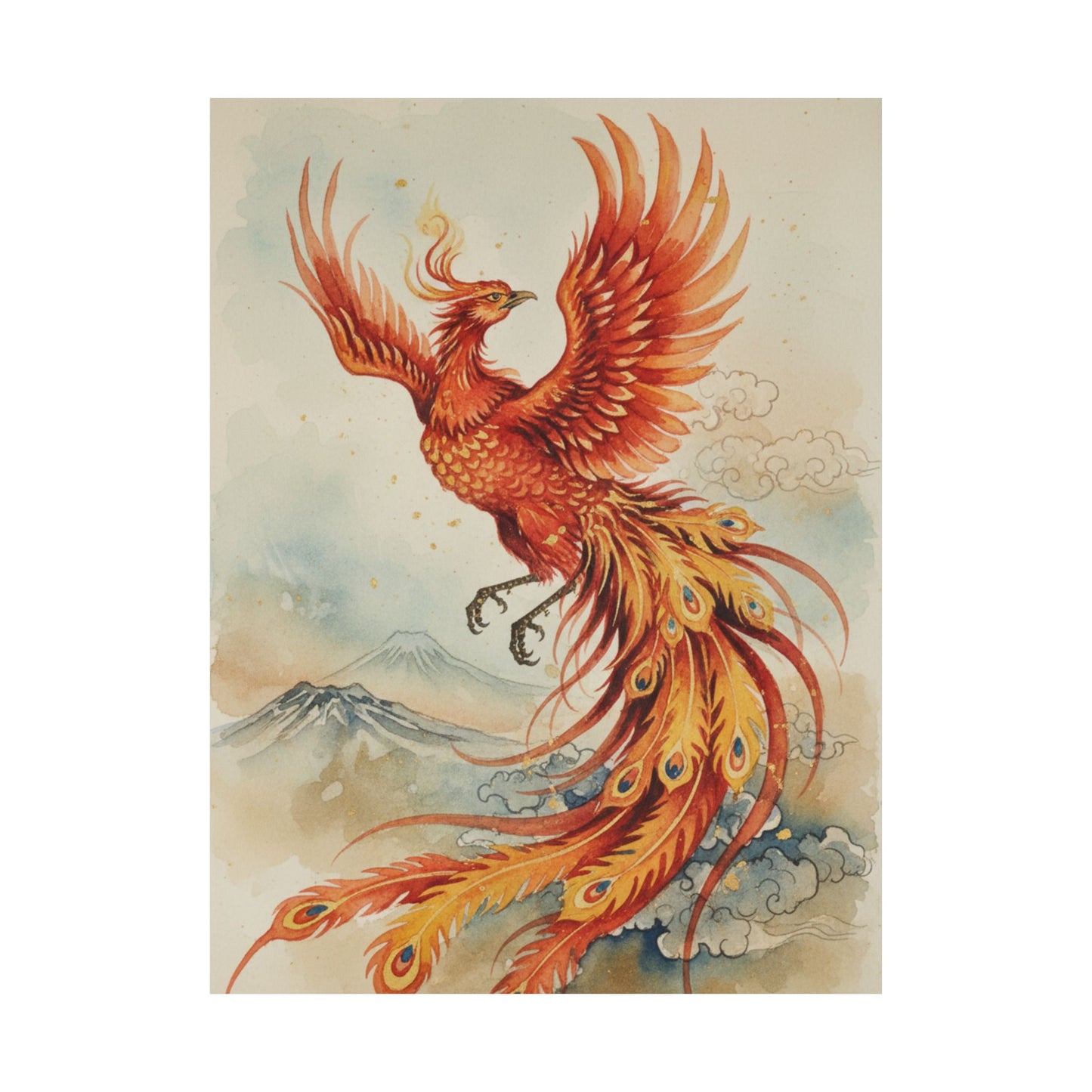 Vertical phoenix poster with traditional Japanese ink landscape style