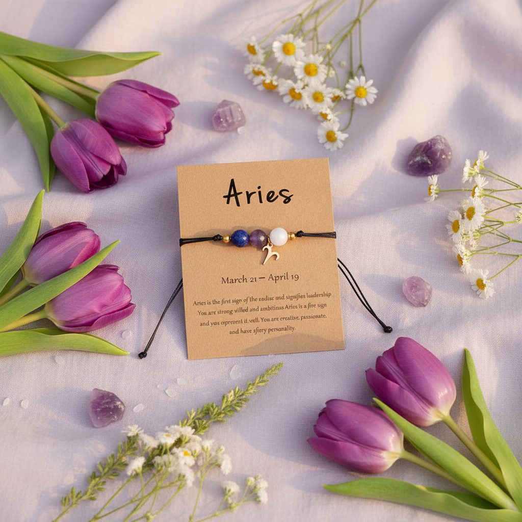 Aries zodiac bracelet in pale lavender with natural stones